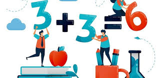 La imagen muestra una escena educativa con elementos de matemáticas y ciencia. En el centro, se observa la ecuación "3 + 3 = 6", rodeada de figuras humanas que interactúan con objetos como un libro, una manzana, un lápiz y un frasco de laboratorio, simbolizando el aprendizaje y el conocimiento.